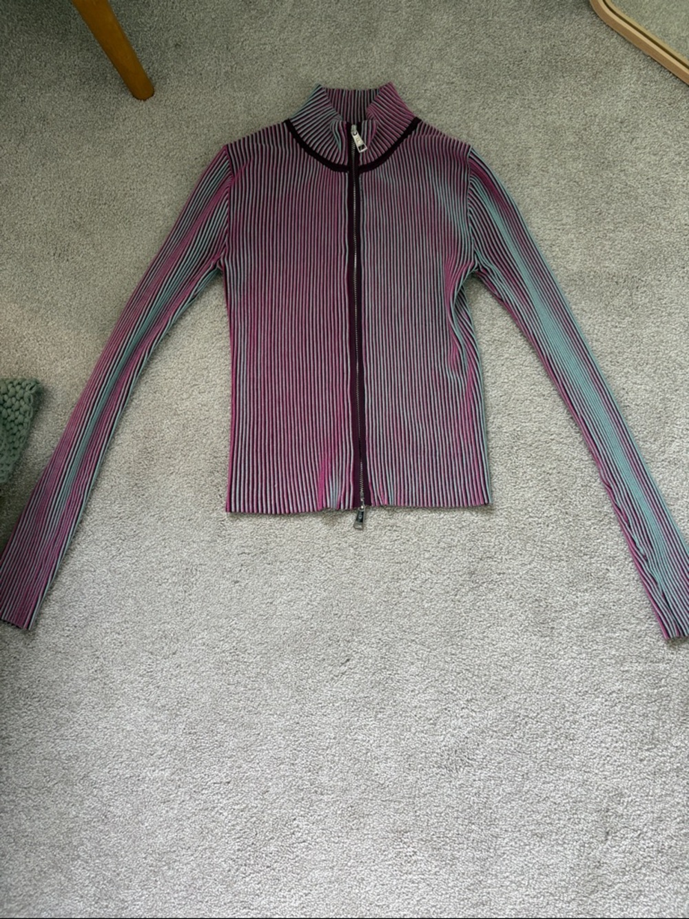 Desigual Fitted Zip Mock Neck in Pink and Teal Stripes